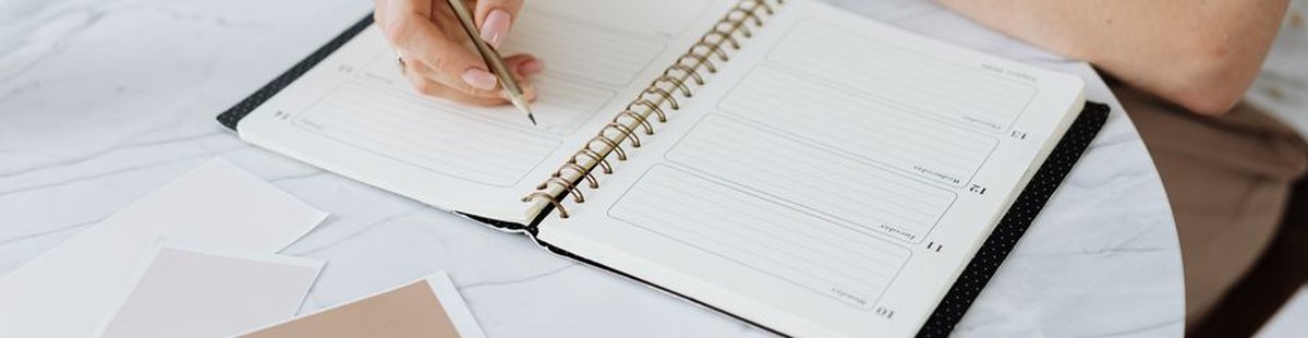person writing planning notebook desk